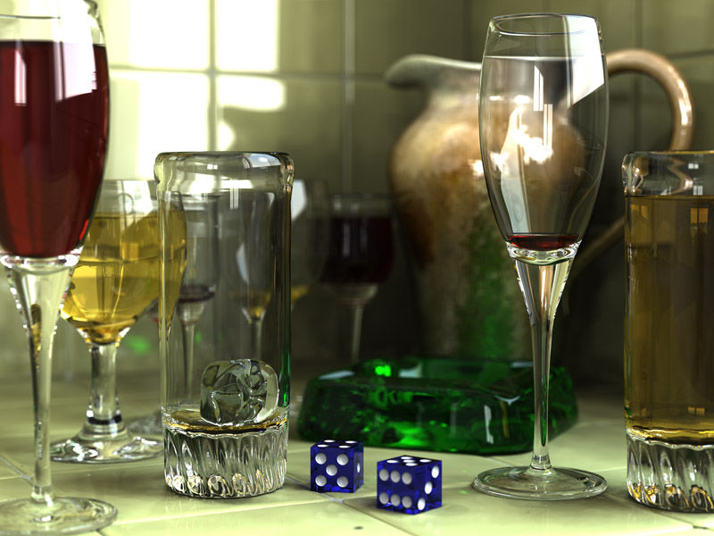 Glasses, pitcher, ashtray and dice